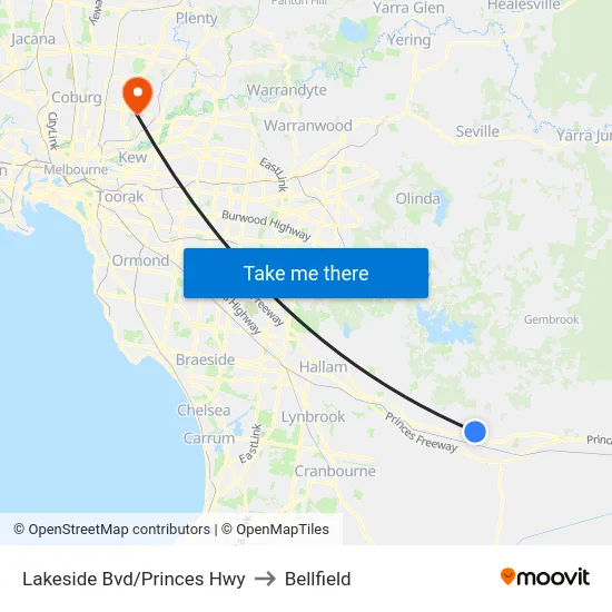 Lakeside Bvd/Princes Hwy to Bellfield map