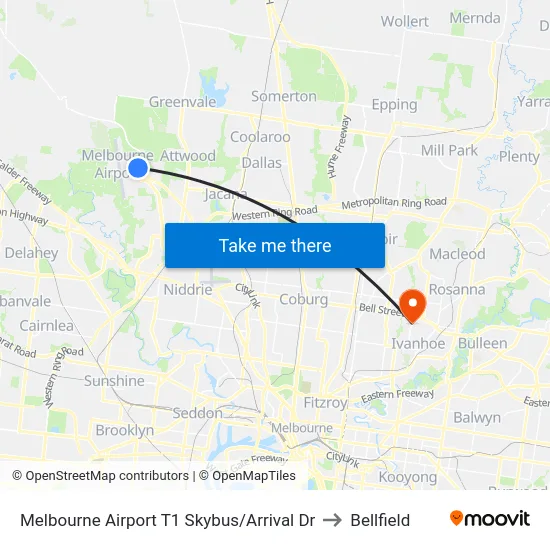 Melbourne Airport T1 Skybus/Arrival Dr to Bellfield map
