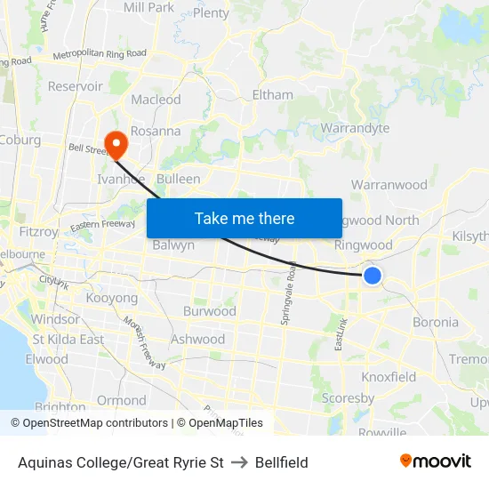 Aquinas College/Great Ryrie St to Bellfield map