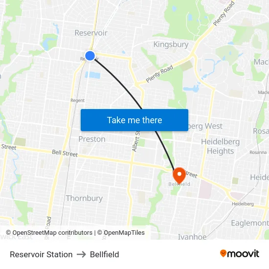 Reservoir Station to Bellfield map