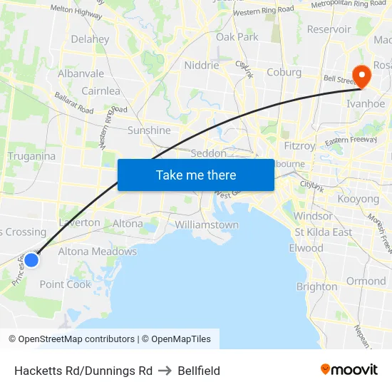 Hacketts Rd/Dunnings Rd to Bellfield map