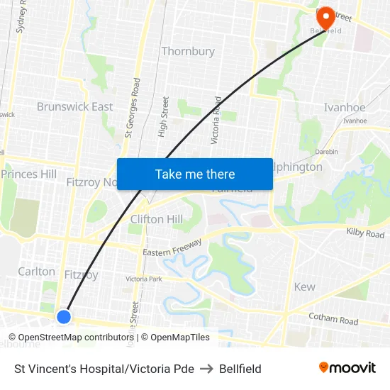 St Vincent's Hospital/Victoria Pde to Bellfield map