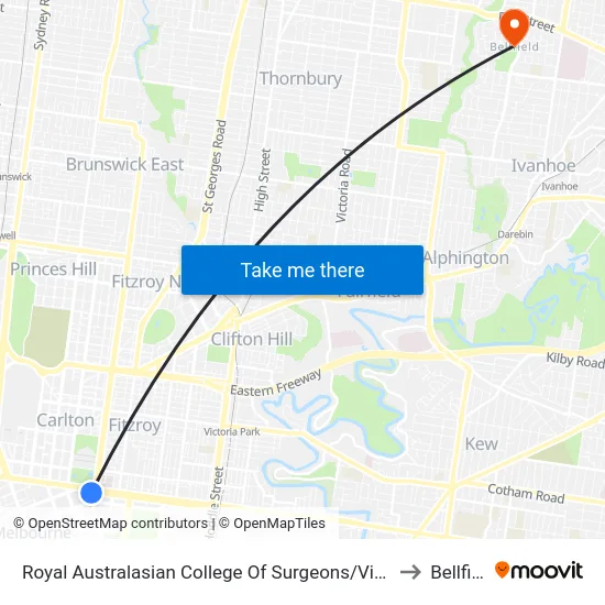 Royal Australasian College Of Surgeons/Victoria Pde to Bellfield map