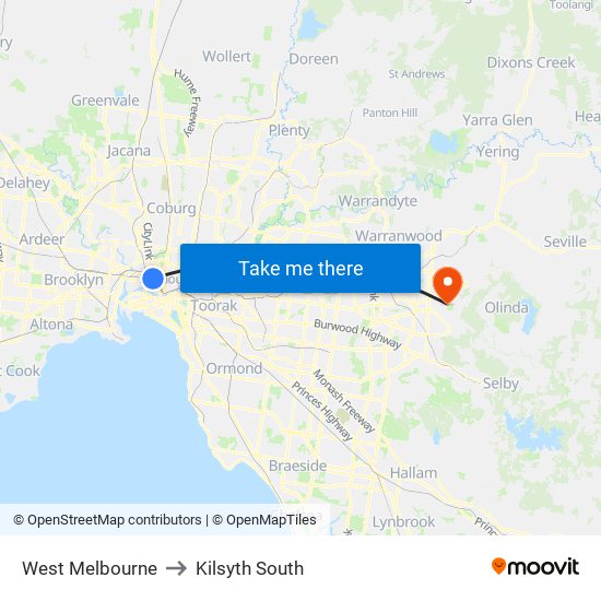 West Melbourne to Kilsyth South map