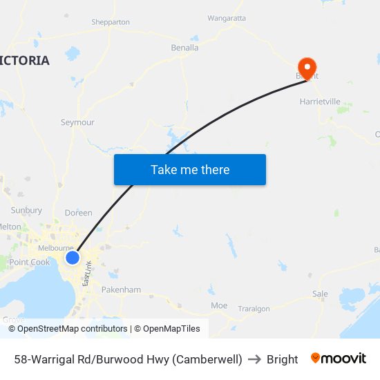 58-Warrigal Rd/Burwood Hwy (Camberwell) to Bright map