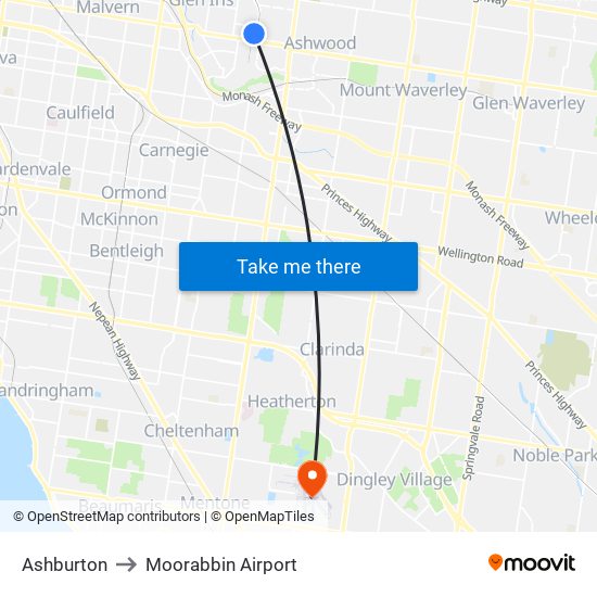 Ashburton to Moorabbin Airport map