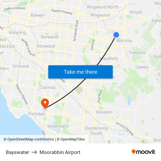 Bayswater to Moorabbin Airport map