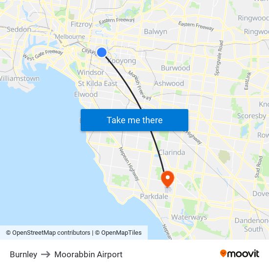 Burnley to Moorabbin Airport map