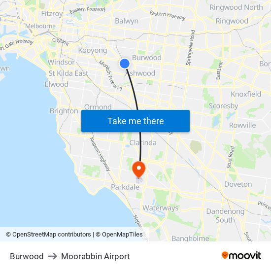 Burwood to Moorabbin Airport map