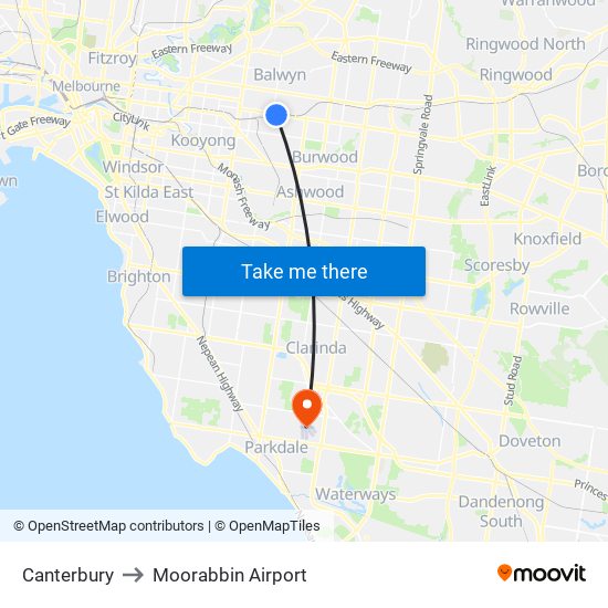 Canterbury to Moorabbin Airport map