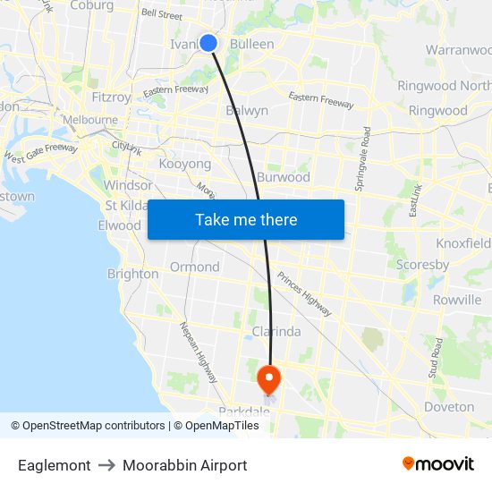 Eaglemont to Moorabbin Airport map