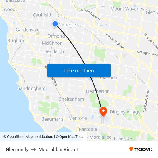 Glenhuntly to Moorabbin Airport map