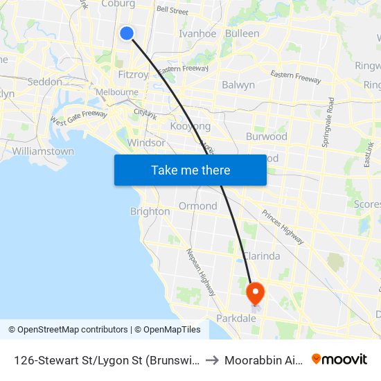 126-Stewart St/Lygon St (Brunswick East) to Moorabbin Airport map