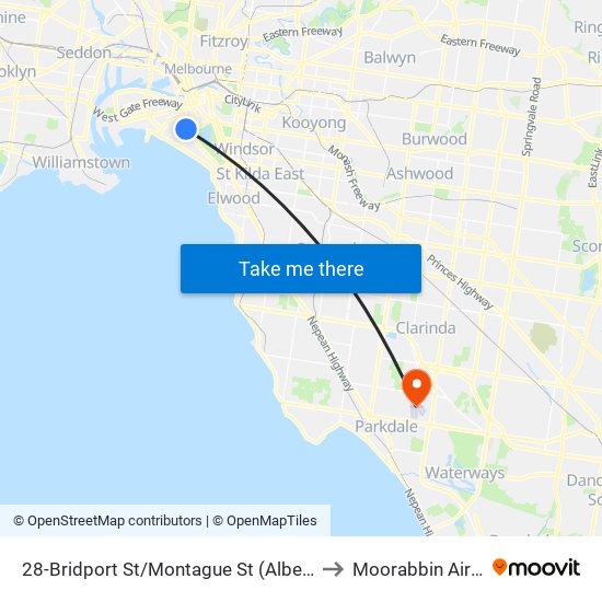 28-Bridport St/Montague St (Albert Park) to Moorabbin Airport map