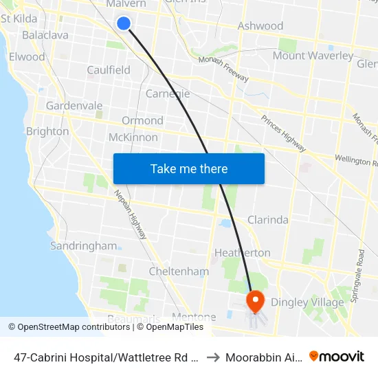 Cabrini Hospital/Wattletree Rd #47 to Moorabbin Airport map