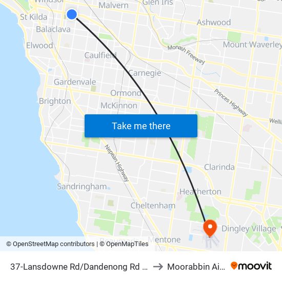 37-Lansdowne Rd/Dandenong Rd (Prahran) to Moorabbin Airport map