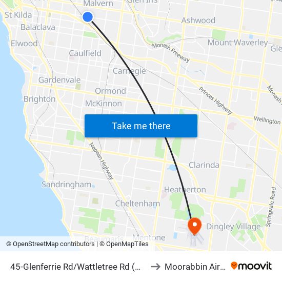 45-Glenferrie Rd/Wattletree Rd (Malvern) to Moorabbin Airport map