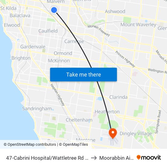 47-Cabrini Hospital/Wattletree Rd (Malvern) to Moorabbin Airport map