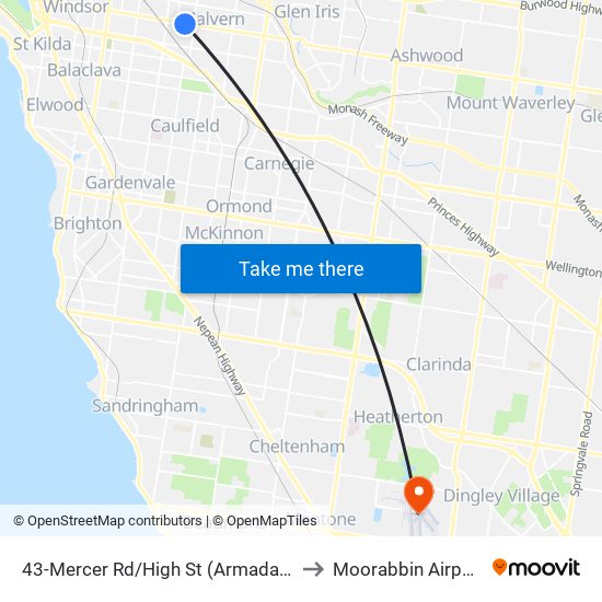 43-Mercer Rd/High St (Armadale) to Moorabbin Airport map