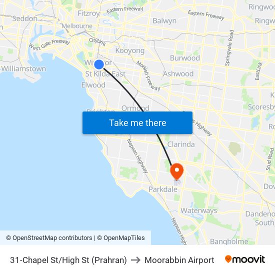 31-Chapel St/High St (Prahran) to Moorabbin Airport map