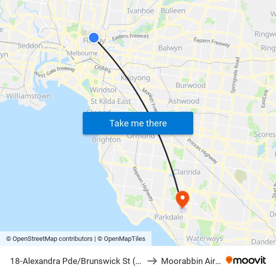 18-Alexandra Pde/Brunswick St (Fitzroy) to Moorabbin Airport map