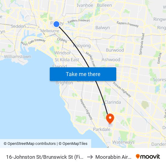 16-Johnston St/Brunswick St (Fitzroy) to Moorabbin Airport map