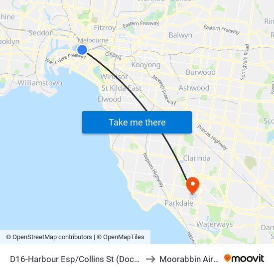 D16-Harbour Esp/Collins St (Docklands) to Moorabbin Airport map