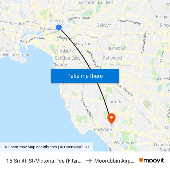 15-Smith St/Victoria Pde (Fitzroy) to Moorabbin Airport map