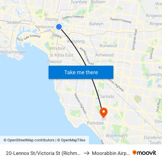 20-Lennox St/Victoria St (Richmond) to Moorabbin Airport map