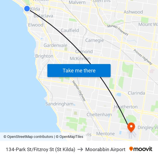 134-Park St/Fitzroy St (St Kilda) to Moorabbin Airport map