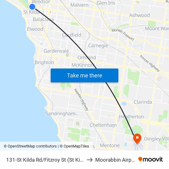 131-St Kilda Rd/Fitzroy St (St Kilda) to Moorabbin Airport map