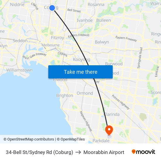 34-Bell St/Sydney Rd (Coburg) to Moorabbin Airport map