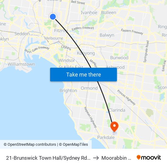 21-Brunswick Town Hall/Sydney Rd (Brunswick) to Moorabbin Airport map
