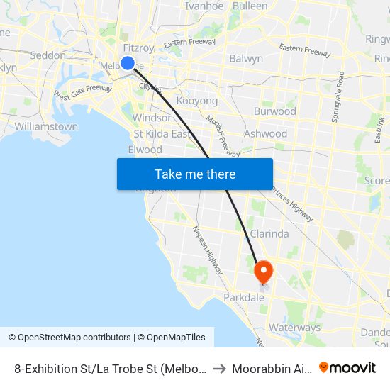 8-Exhibition St/La Trobe St (Melbourne City) to Moorabbin Airport map