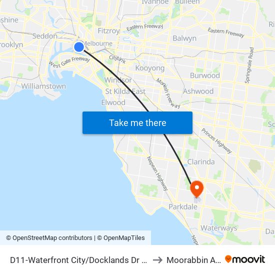 D11-Waterfront City/Docklands Dr (Docklands) to Moorabbin Airport map