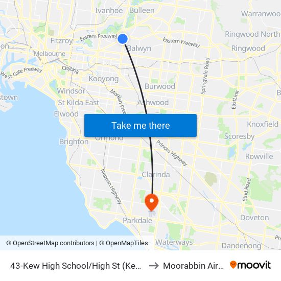 43-Kew High School/High St (Kew East) to Moorabbin Airport map