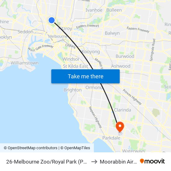 26-Melbourne Zoo/Royal Park (Parkville) to Moorabbin Airport map