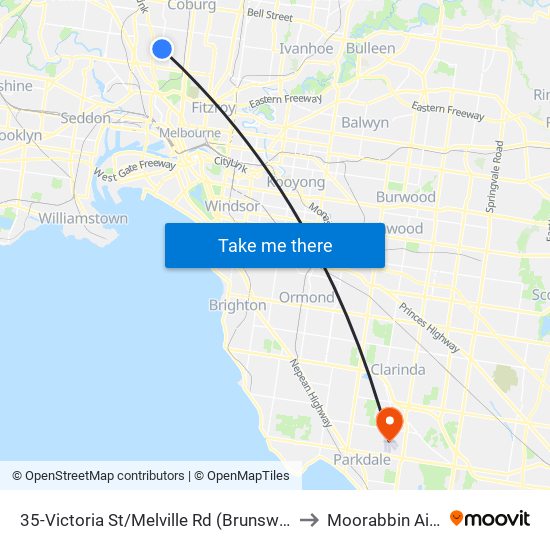 35-Victoria St/Melville Rd (Brunswick West) to Moorabbin Airport map