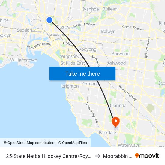 25-State Netball Hockey Centre/Royal Park (Parkville) to Moorabbin Airport map