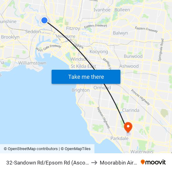 32-Sandown Rd/Epsom Rd (Ascot Vale) to Moorabbin Airport map