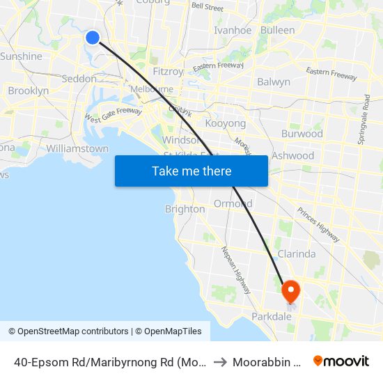 40-Epsom Rd/Maribyrnong Rd (Moonee Ponds) to Moorabbin Airport map