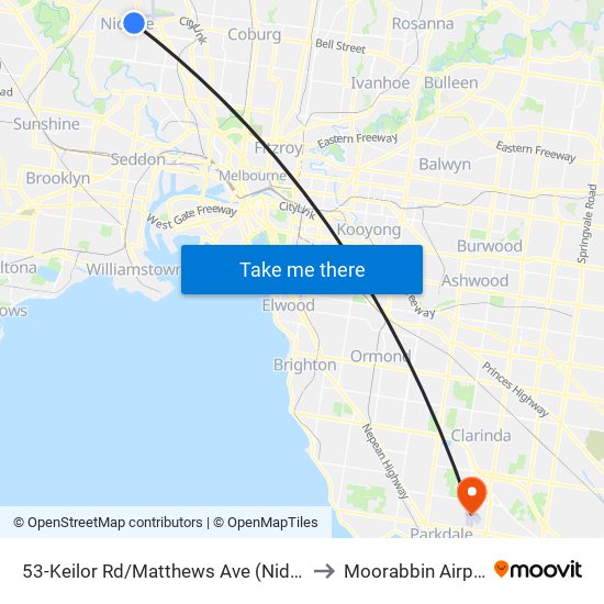 53-Keilor Rd/Matthews Ave (Niddrie) to Moorabbin Airport map