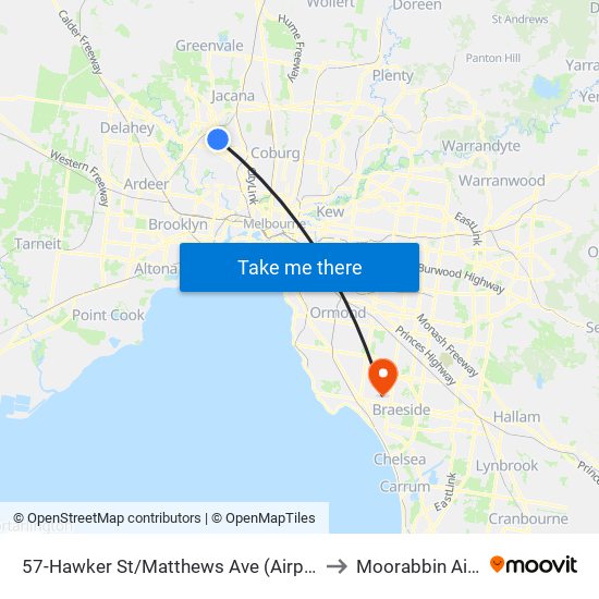 57-Hawker St/Matthews Ave (Airport West) to Moorabbin Airport map