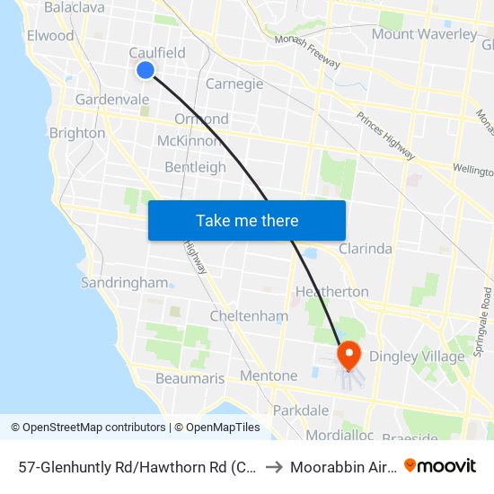 57-Glenhuntly Rd/Hawthorn Rd (Caulfield) to Moorabbin Airport map