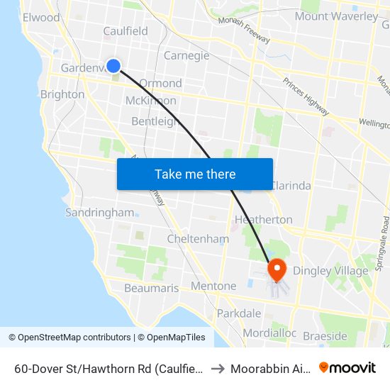 60-Dover St/Hawthorn Rd (Caulfield South) to Moorabbin Airport map