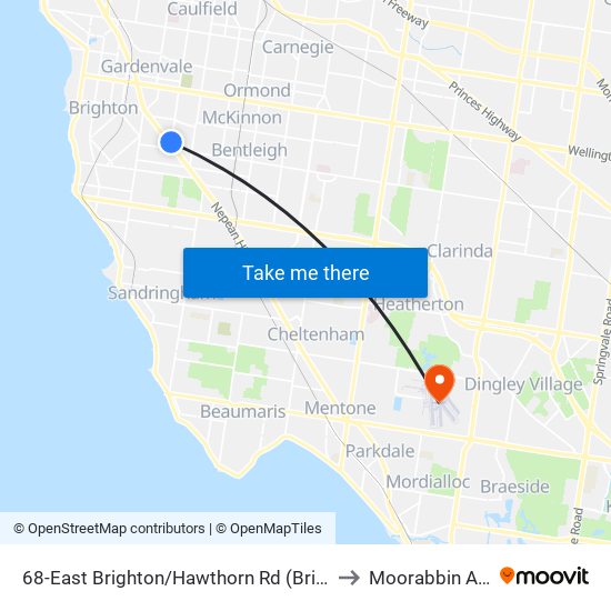 68-East Brighton/Hawthorn Rd (Brighton East) to Moorabbin Airport map