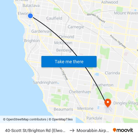 40-Scott St/Brighton Rd (Elwood) to Moorabbin Airport map