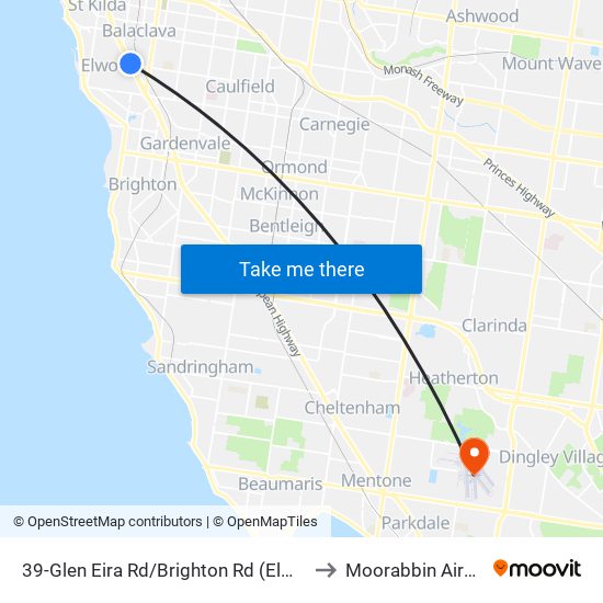 39-Glen Eira Rd/Brighton Rd (Elwood) to Moorabbin Airport map