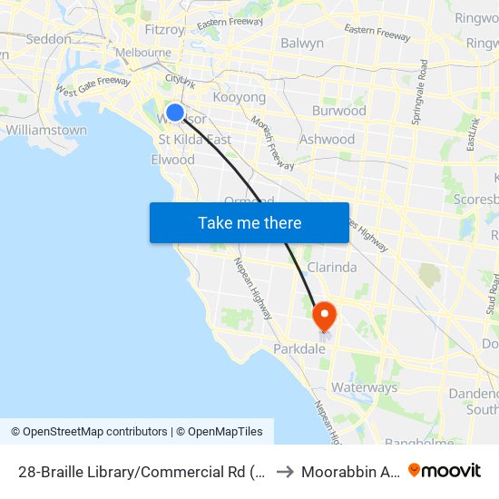 28-Braille Library/Commercial Rd (South Yarra) to Moorabbin Airport map