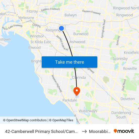 42-Camberwell Primary School/Camberwell Rd (Camberwell) to Moorabbin Airport map